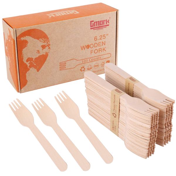 Gmark 100 ct Wooden Forks, 6.25" Length, No Plastic Earth-Friendly, Disposable Biodegradable Wooden Cutlery, Green Product (Box of 100pcs) GM1044