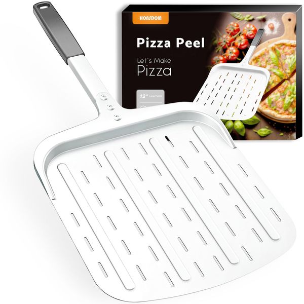 Honsdom Perforated Pizza Peel 12-inch Aluminum Pizza Paddle, Professional Nonstick Pizza Spatula with Long Handle, Lightweight Pizza Turning Peel, Pizza Oven Accessories