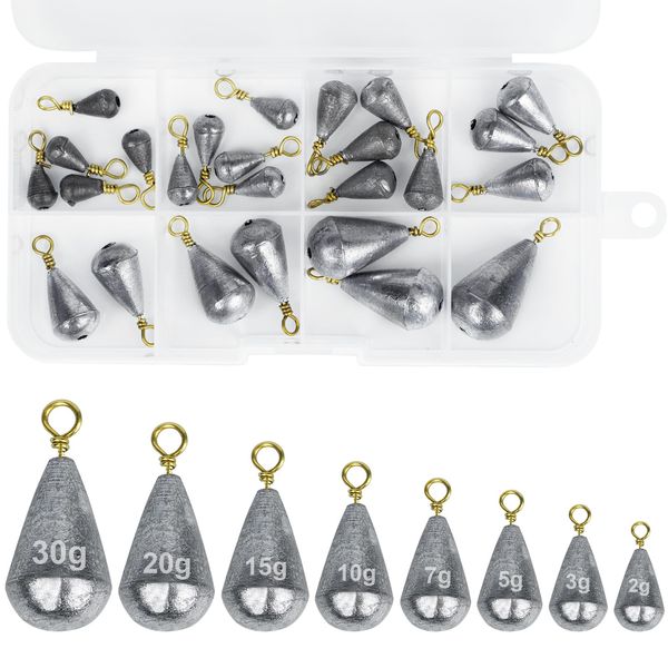 25 Pcs Small Fishing Weights Set 8 Sizes Sea Fishing Weights 2g 3g 5g 7g 10g 15g 20g 30g Iron Fishing Sinkers Weights with Box for Saltwater Freshwater River