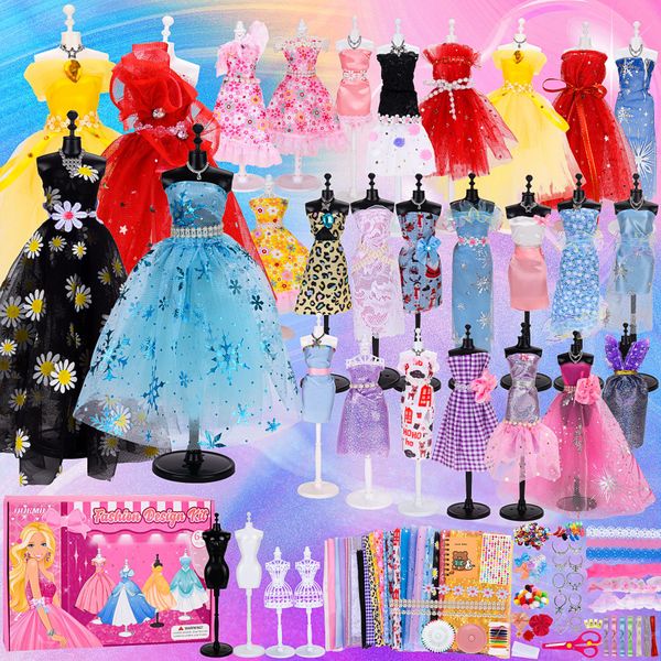 600+ Fashion Designer for Girls Kids DIY Design Arts and Crafts Sewing Kits Creative Learning Toys for Teen Girls Kids Birthday Xmas Gift Age 6 7 8 9 10 11 12+ with 4 Mannequins 30 Clothing Fabric