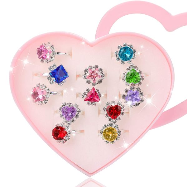 Hifot 12 pcs Girls Crystal Adjustable Rings, Princess Jewelry Finger Rings with Heart Shape Box, Girl Pretend Play and Dress up Rings for Children Kids Little Girls