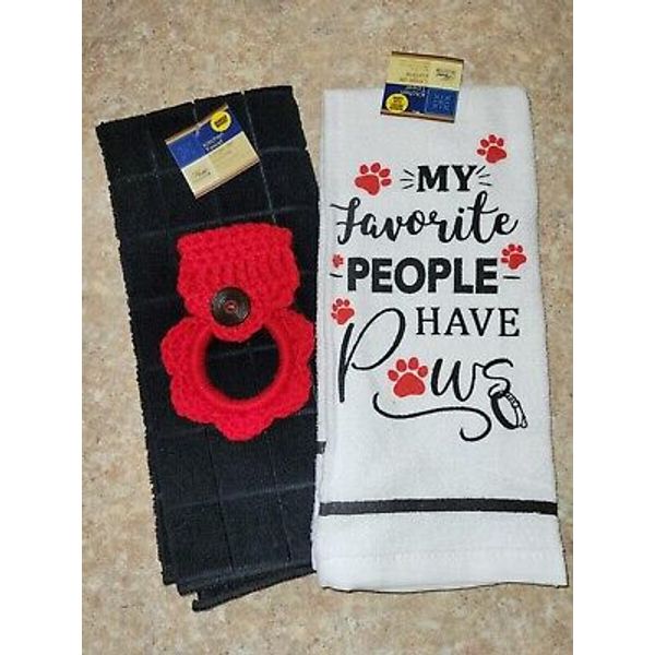 "My Favorite People Have Paws" Kitchen Dish Towel Set and Crocheted Towel Holder