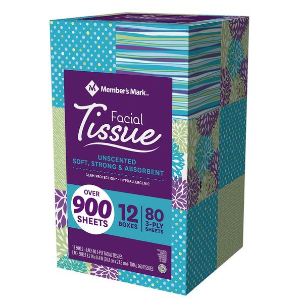 Member's Mark Member's Mark Ultra Soft Facial Tissues, 12 Cube Boxes, 80 3-ply Tissues Per Box (960 Tissues Total)