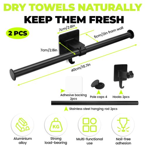 Realand 2 Pack Adjustable Towel Bar, Adhesive Towel Rack for Bathroom Wall 16in Hand Towel Holder with Hook Stick on Towel Rod, Move Left or Right