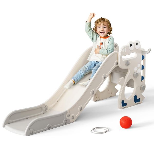 Krovtoy Kleinkinderrutsche, Kinderrutsche mit Basketballkorb, Aufbewahrungsbox und Kleinkinderklettergerüst, freistehende Rutsche für drinnen und draußen (Beige-Dinosaurier-4-in-1)
