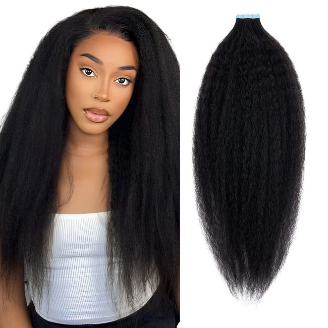 Elailite Tape in Extensions Echthaar, Kinky Straight Afro Tape Extensions Echthaar, Haarverlängerung Echthaar Extensions Tape, 40cm 40g #1B Natürliches Schwarz