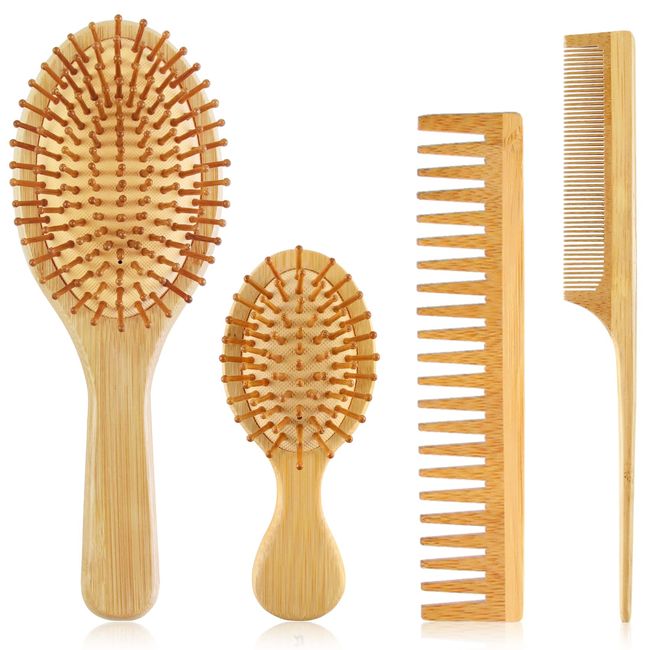 EKONAER 4 PCS Bamboo Hair Brush Set With Natural Wooden Wide-tooth and Tail Comb Big and Mini Paddle Detangling Hairbrush for Women men kids and Baby Thick Thin Curly Straight Dry