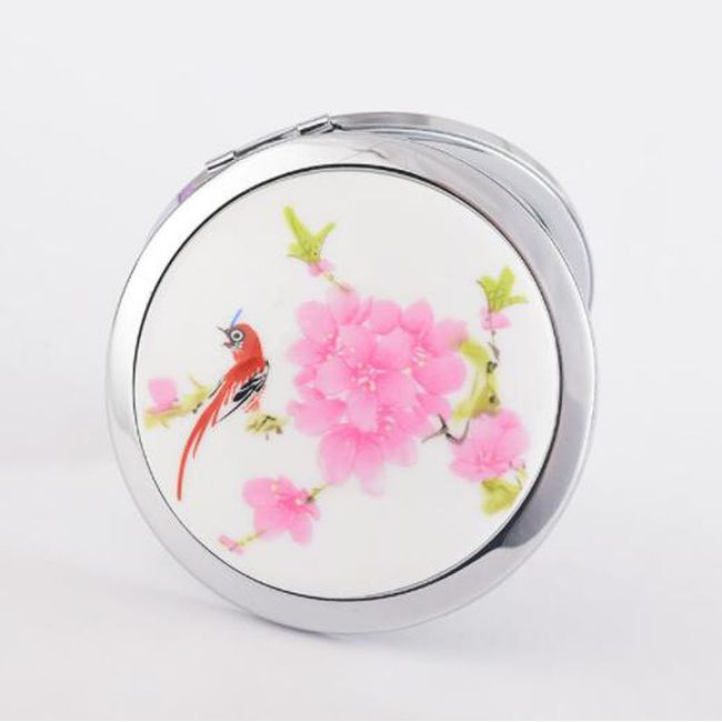 HJ Magnifying Metal Decorative Double Sided Compact Mirror Folding Hand Mirror Handheld Mirror Hand Mirror Chinese Style (Red Bird)