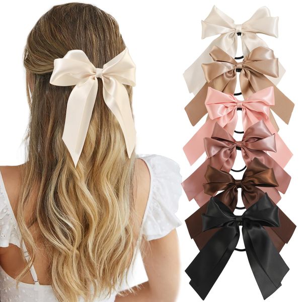 Yougeigy 6PCS Bow Hair Ties, Satin Hair Ribbon, Ribbon Hair Bows for Women Girls, Elastics Hair Scrunchies for Thick Thin Hair, Bows Hair Accessories with Long Tail