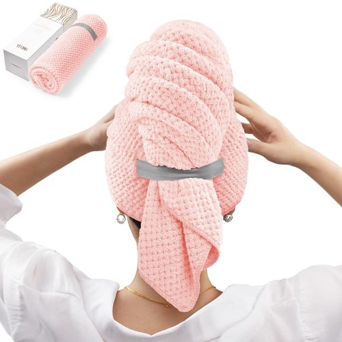YFONG Large Microfiber Hair Towel Wrap for Women, Soft Hair Drying Towel with Elastic Band, Fast Drying Hair Turbans for Wet Curly Long Hair, Microfiber Towel for Hair Anti Frizz 26.3" X 40" (Pink)