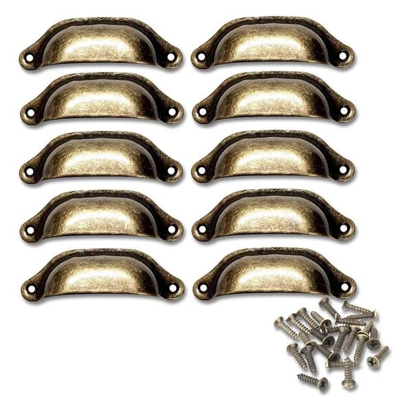10pcs Brass Door Cabinet Handles Antique Knobs Drawer Shell Pull Handle Cups, Bronze