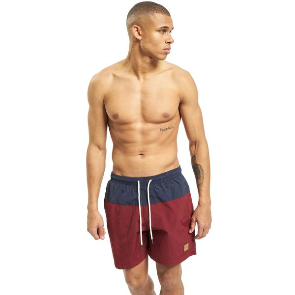 URBAN CLASSICS Swimming Trunks, Men's Swimming Shorts, Beach Pants with 2 Pockets + Back Pocket with Zipper, Quick Dry Swim Shorts for Men, Colour: Navy/Burgundy, Size: Small