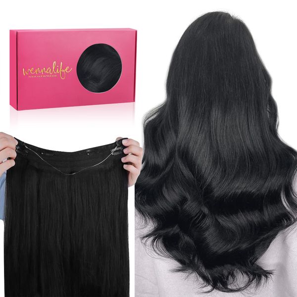 WENNALIFE Secret Hair Extensions Echthaar, 30cm 12 Inch 70g Tief Schwarz Remy Haarverlängerung Echthaar Wire Hair Extensions Fish Line Unsichtbare Draht Extensions Echthaar