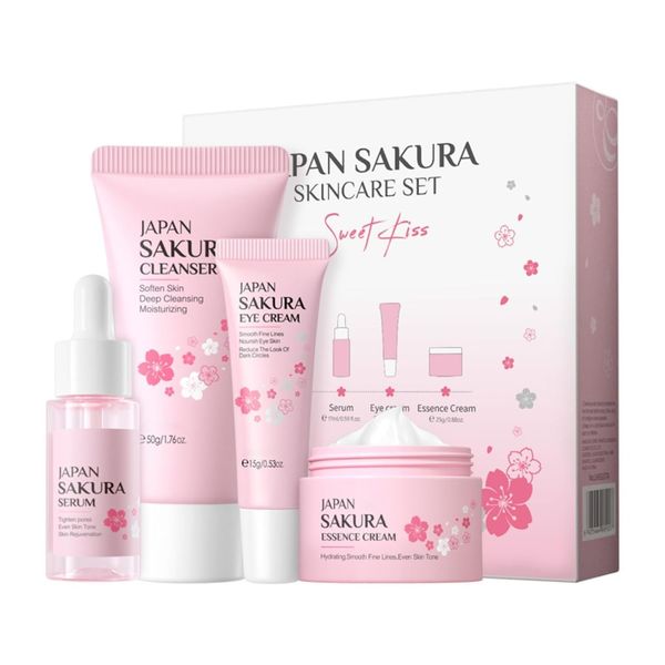 Vawolecy Sakura Skincare Set for Ladies, Travel Size Skin Care Kit with Cleanser, Serum, Eye Cream, Face Cream 4PCS