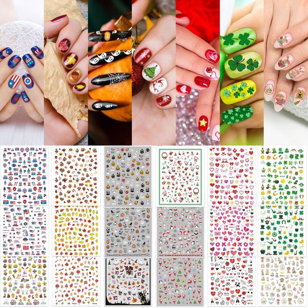 Whaline 18 Sheets All Holiday Nail Art Stickers Fall Nail Decals All Season Fall Thanksgiving Halloween Winter Christmas 4th of July Self-Adhesive Nail Decals for Autumn DIY Manicure Party Decor