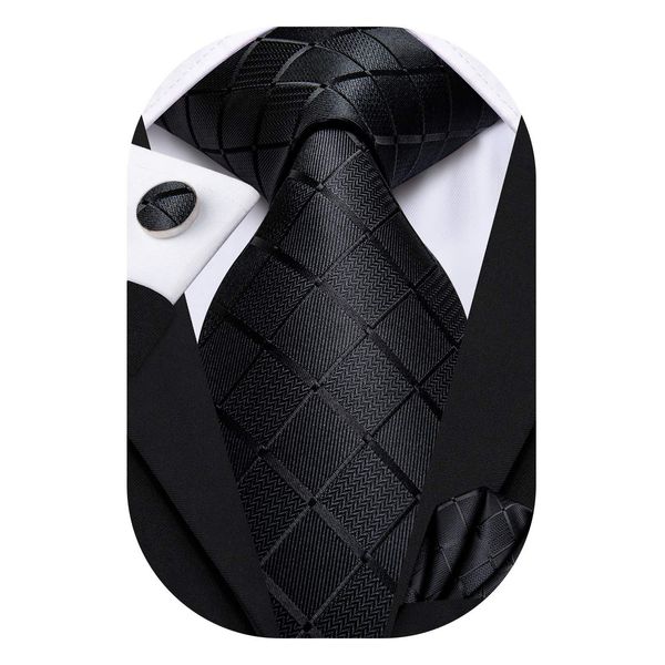 Hi-Tie Solid Black Plaid Silk Necktie Mens Tie with Hanky Cufflinks Set