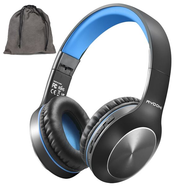 Rydohi Bluetooth Headphones Over Ear, 68H Playtime and 3 EQ Music Modes Wireless Headphones with Microphone/Deep Bass, HiFi Stereo Foldable Lightweight Headset for PC Home Travel Office (BLACK-BLUE)