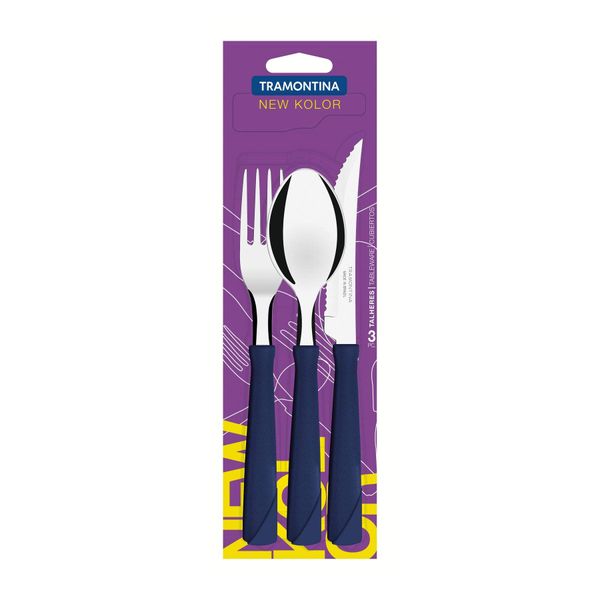 Tramontina 23199/169 Steak Knife, 7.9 inches (20 cm), Table Fork, 7.1 inches (18 cm), Table Spoon, 7.1 inches (18 cm), New Color, Set of 3, Blue, Dishwasher Safe, Lightweight, Made in Brazil