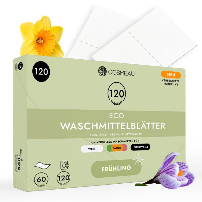 Cosmeau Waschmittel Blätter Frühlingsfrisch - bis zu 120 Waschgänge (60 Blätter) - Nachhaltiges Waschmittel für Weiß, Farbe und Schwarz - Plastikfrei, Abbaubar & Perfektes Reisewaschmittel