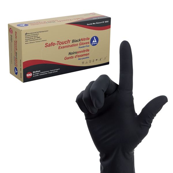 Dynarex Safe-Touch Black Disposable Nitrile Exam Gloves, Powder-Free, Used in Healthcare and Professional Settings, Law Enforcement, Tattoo, Salon or Spa, Medium, 1 Box of 100 Gloves