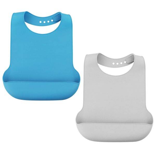 ZCYKJ 2 Pack Washable Silicone Adult Bibs for Elderly, Reuasable Adult Dining Bibs for Eating for Men, Women, Waterproof Feeding Bibs Clothing Protectors for Adult, Elderly and Disabled(Grey& Blue)