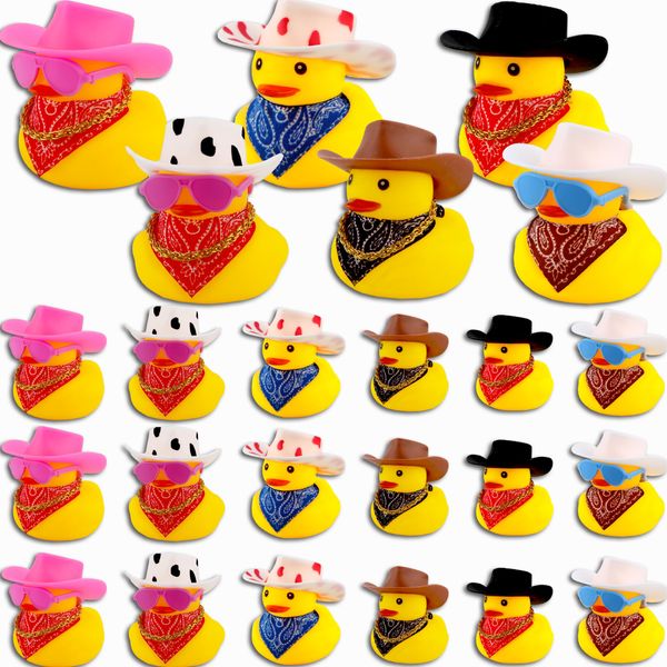 Fahacop 24 Sets Mini Cowboy Ducks Small Rubber Ducks with Cowboy Hat Bandana Sunglasses Gold Necklace Sticker for Bathtub Toys Birthday Swimming Party Gifts