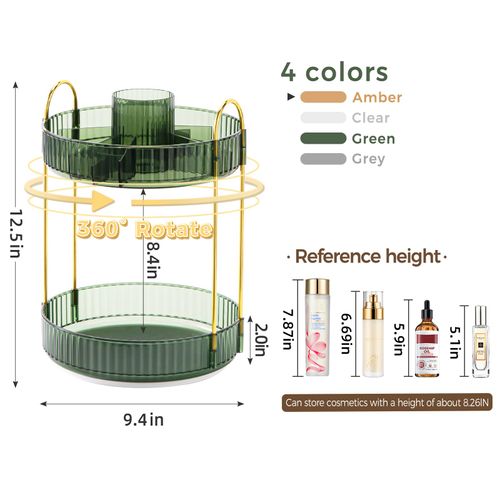360° Rotating Makeup Organizer, Upgraded 2 Tier Skincare Perfume Organizers for Women, Bathroom Organizer Countertop, Clear Cosmetic Dresser Organizer with Makeup Brush Holder, Sink&Counter (Green)