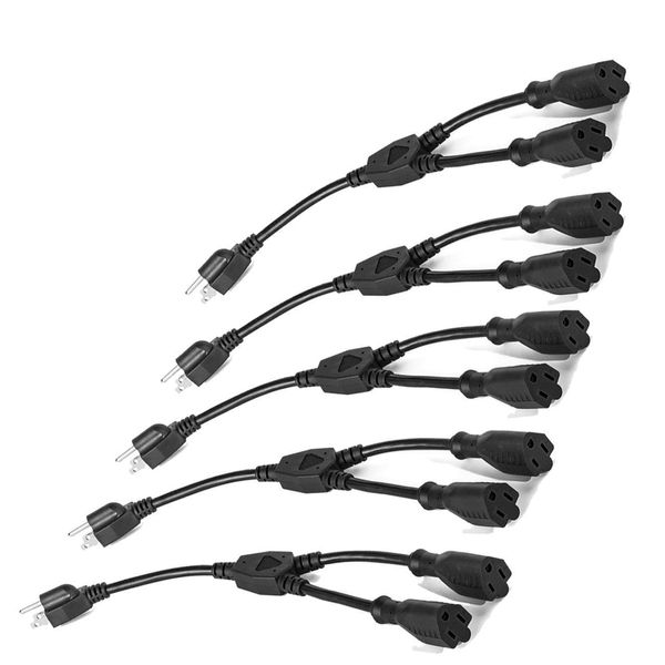 ClearMax Y Splitter Power Cable Extension Cord 3 Prong, Power Cord Splitter 16 AWG, Cable Strip Outlet Extender Saver UL Approved, 1 Foot, 5 Pack Black