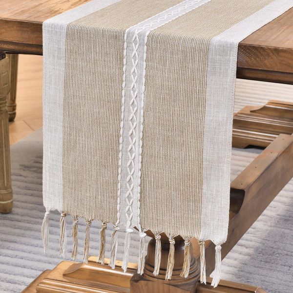 Wracra Embroidery Cotton Linen Table Runner Indoor Outdoor Farmhouse Style Coffee Table Runner 120cm with Hand-tassels for Party Dining Kitchen Decorations(Coffee, 120cm)