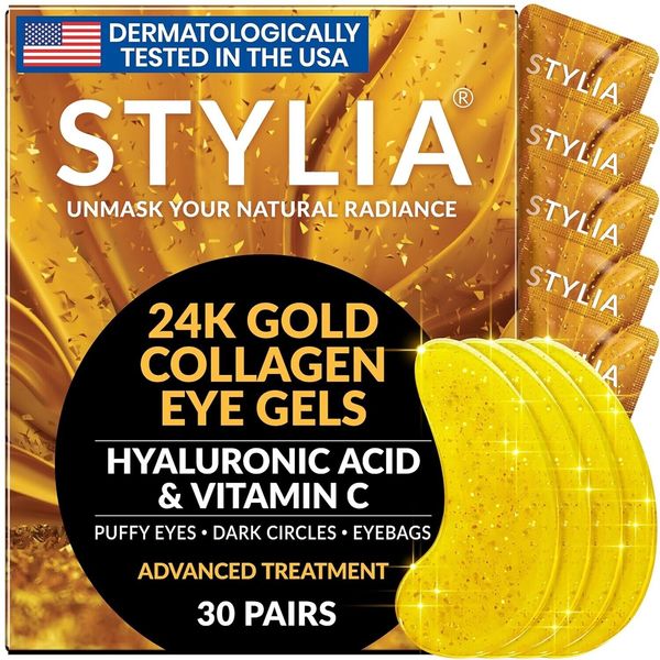 Stylia Under Eye Gel Patches Dark Circles Puffy Eyes 30 Pairs 24k Gold Eye Mask