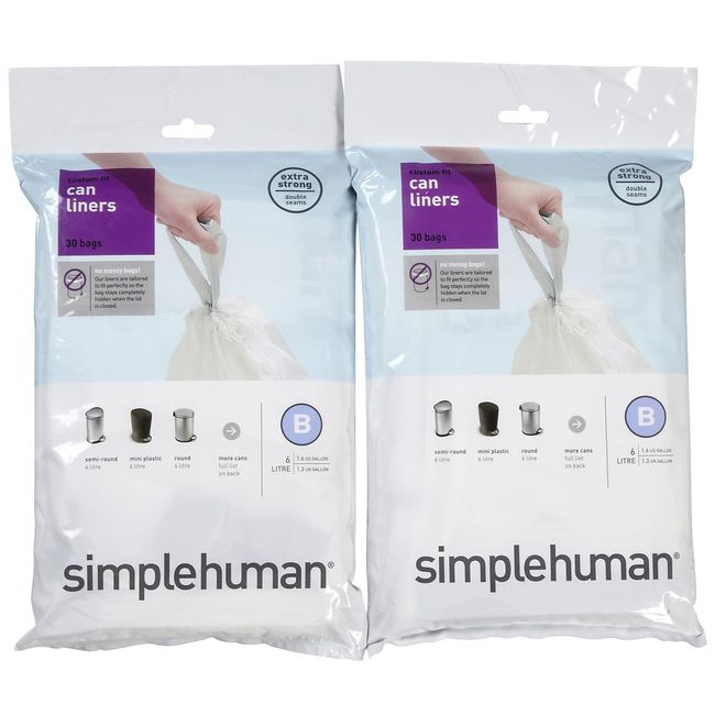  simplehuman Code B Custom Fit Drawstring Trash Bags in  Dispenser Packs, 30 Count, 6 Liter / 1.6 Gallon, White : Health & Household