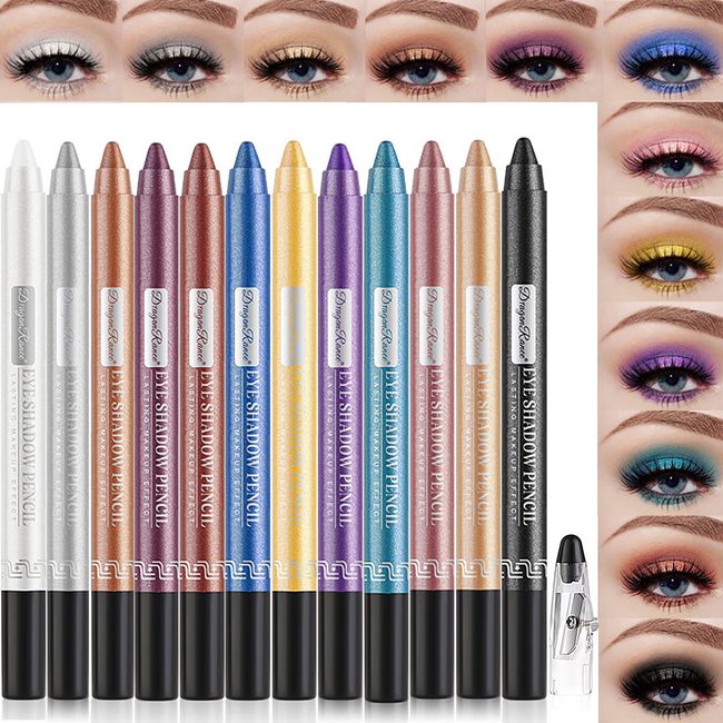 Petansy Professional Makeup Eye Pencil Set, 12Pcs Colored Eyeshadow Stick & Eyeliner Pencil, Long Lasting Waterproof Glitter Pearlescent Eyeshadow Makeup Gift for women