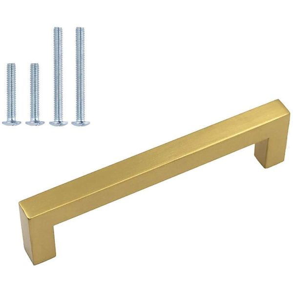 homdiy 3-1/2 Inch Cabinet Handles Brushed Brass Kitchen Cabinet Pulls 6 Pack - Gold Cabinet Pulls Square Cabinet Hardware for Cabinet, Cupboard, 3-1/2'' Hole Centers