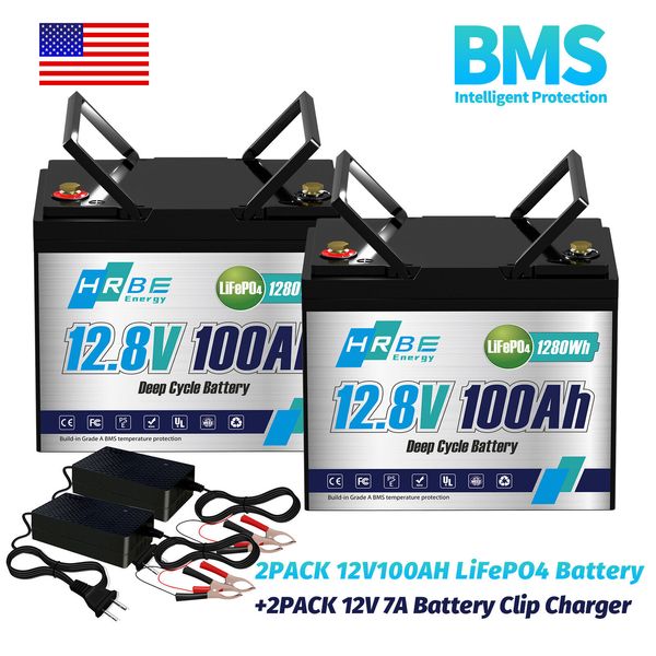 2PCS 12V 100Ah LiFePO4 Lithium Battery for Solar RV Off-grid Trolling Motor Boat