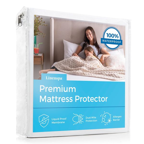 LINENSPA Premium Mattress Protector - White - Twin Size - Breathable Polyester - Fitted Style - Waterproof Design - Machine Washable & Dryer Safe - Mattress Protector for Kids, Teens, and Adults