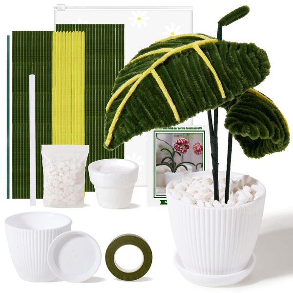 FARBCLUB Pipe Cleaners Craft Supplies with Tutorial, Monstera Making Kit, Green Chenille Pipe Cleaners with Plastic Flowerpot, Limpia Pipas para Manualidades for Kids Adults DIY Arts Crafts Project