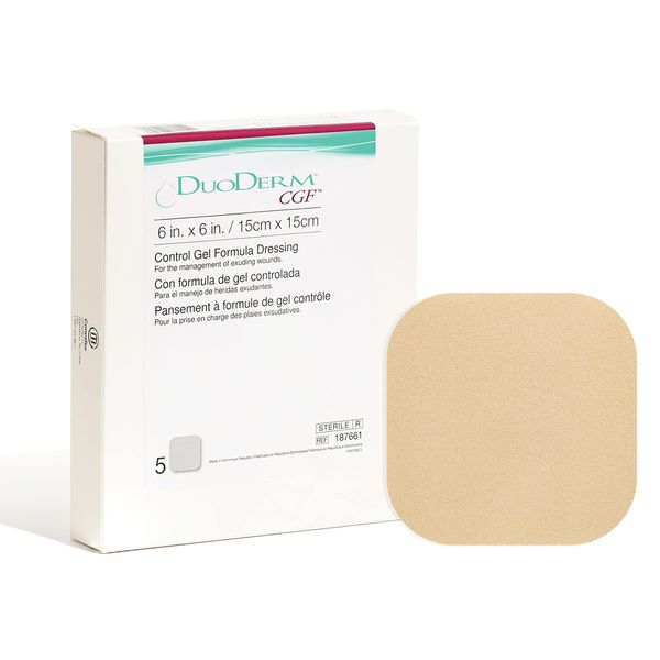 ConvaTec DuoDERM Control Gel Formula 6"x6" Hydrocolloid Sterile Adhesive Dressing for Partial and Full-Thickness Wounds, Medical Grade, Latex-Free, Waterproof, Square, Beige, 5ct Box