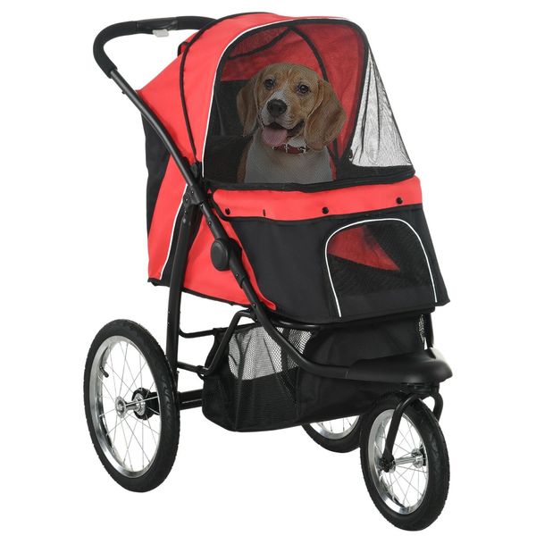 Pet Stroller, 3 Big Wheels Foldable Stroller with Adjustable Canopy, Red