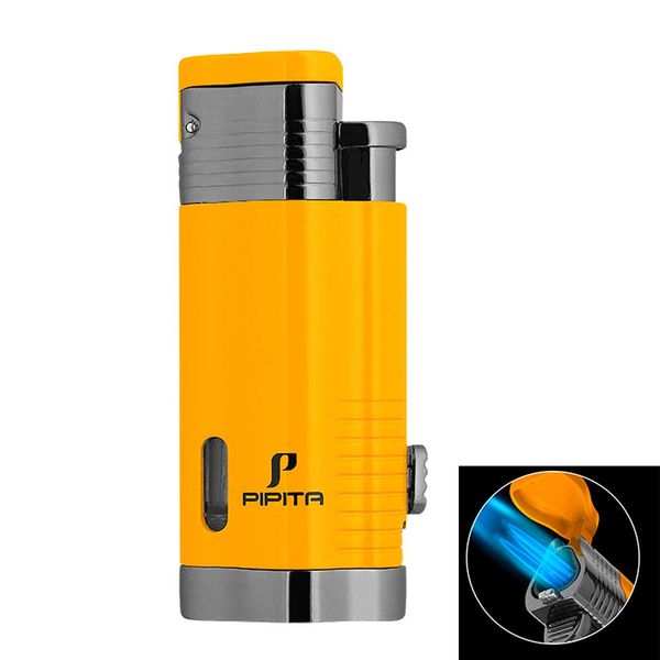 PIPITA Torch Lighter Windproof Cigar Lighter Triple Blue Flame Butane Gas Refillable Lighter Cigarette Lighter with Punch (Yellow)