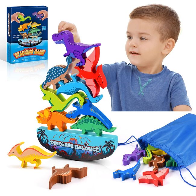 IPOURUP Dinosaur Toys for Kids 3-5: Wooden Stacking Montessori Toys for 3-7 Year Old Balance Competition Game for Family Ideal Birthday Easter Basket Stuffers Gifts for Kids (Classic Version)