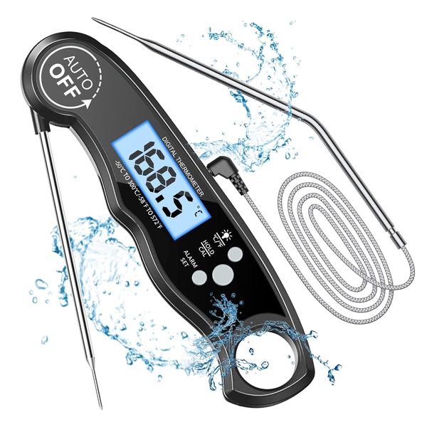 CIRYCASE Fleischthermometer Digital, Sofort Ablesbares Bratenthermometer Grillthermometer, Externe Sonde mit 2 Lange Sonde & Magnet, Alarmfunktion, Backofenthermometer für Backen, Küche, Ofen