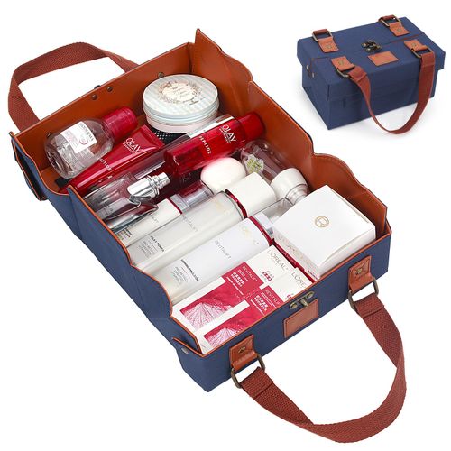 UABUITGLS Travel Cosmetic Bag, Women's Large Capacity Foldable Cosmetic Bag, Portable Hand-Held PU Toiletry Bag With Mesh Pocket And Handle, Open Flat Design For Easy Access,