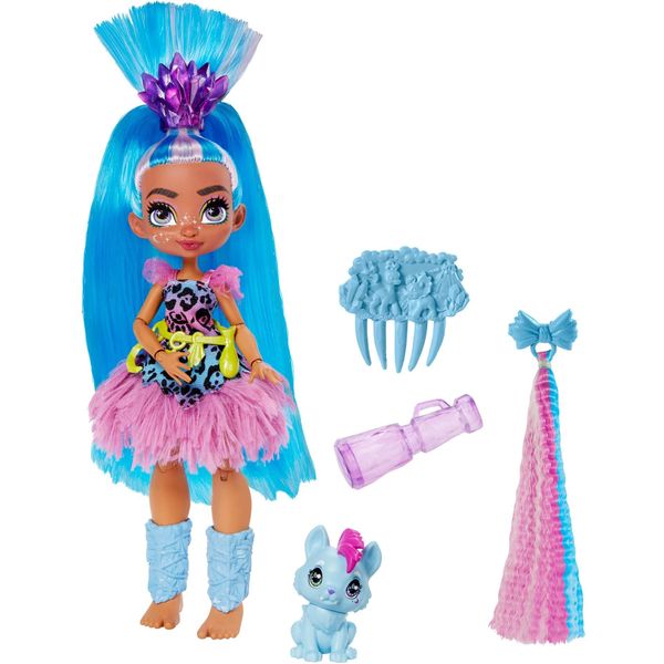 Mattel Cave Club Tella Doll (8-10-inch, Blue Hair) Poseable Prehistoric Fashion Doll with Dinosaur Pet and Accessories, Gift for 4 Year Olds and Up