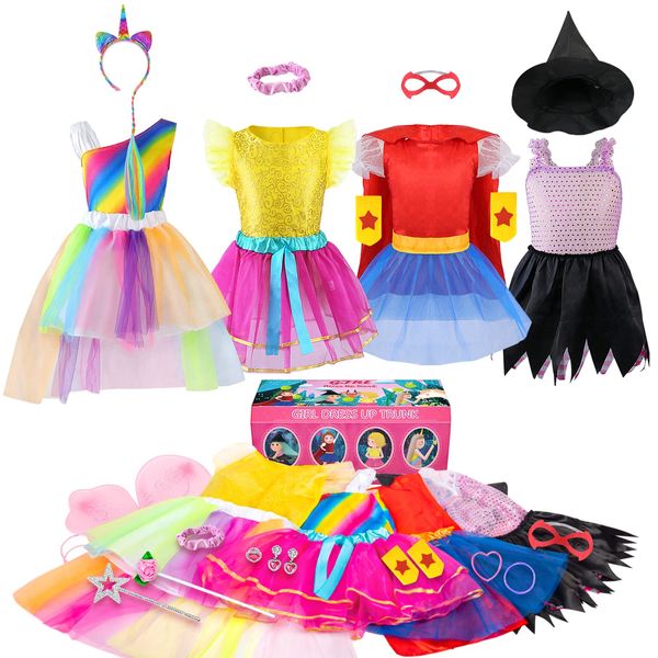 Girls Dress up Trunk Princess Set, Jeowoqao 24 PCS Pretend Play Costume Set, Fairytale, Supergirl, Princess, Rainbow Unicorn Costume for Toddler/Little Girls Ages 3-5yrs