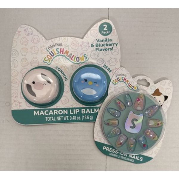 Squishmallows Macaron Lip Balms & 24 Press On Nails - Connor Vanilla Bebe Blue