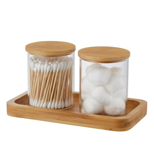 VKTY 2 Pack Glass Cotton Bud Holder, 10oz Bathroom Jars Canisters for Cotton Ball Qtip Storage Dispenzer, Cotton Pad Holder with Bamboo Lid