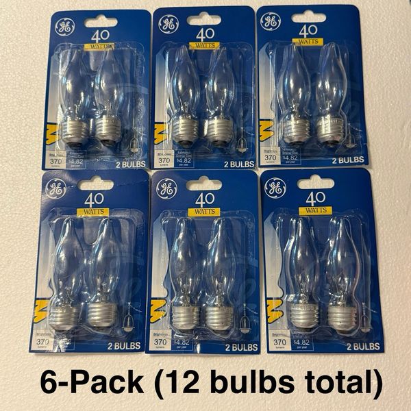 12 GE Light Bulbs 40Watts Bent Tip Crystal Clear Medium Base Decorative NEW 6-pk