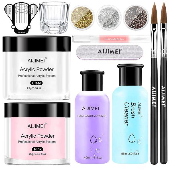 AIJIMEI Acrylic Powder Acrylic Nail Kit with Professional Liquid Monomer and Acrylic Nail Brush Cleaner,Acrylic Nail Tools Set Nail Extension Acrylic Nail System