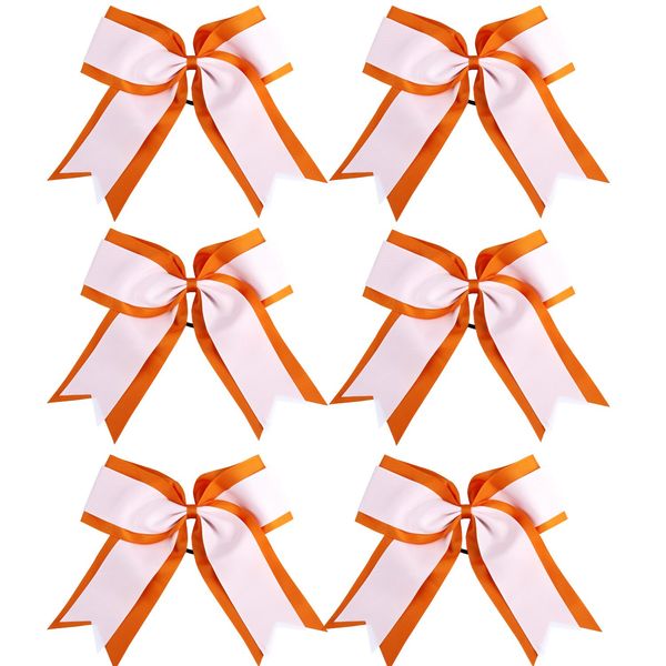 8 Inch 2 Colors 2 Layers 6 Pcs Jumbo Cheerleader Bows Ponytail Holder Cheerleading Bows Hair Elastic Hair Tie for High School College Cheerleading (Orange/White)