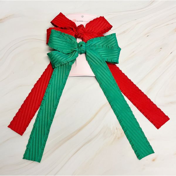 Doubled Frill Bow Hair Clip Set Of 2 - Red/Green